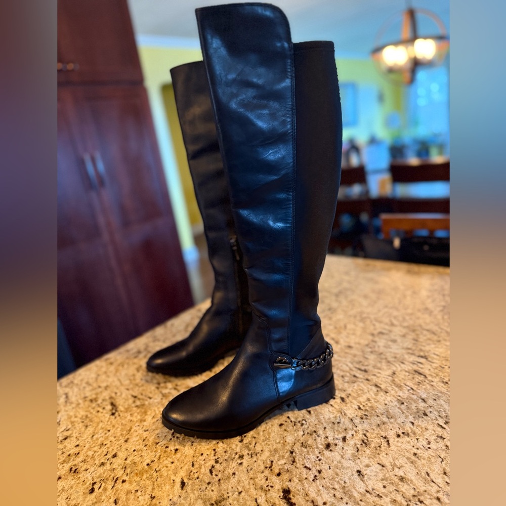 NWT Karl Lagerfeld Black Over-the-Knee Leather Boots with Chain Detail - Picture 2 of 10